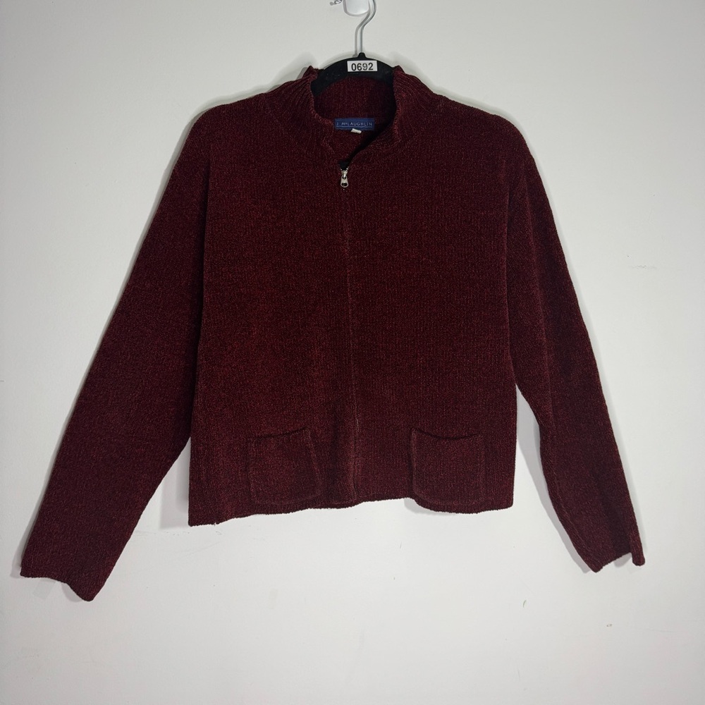Vintage J McLaughlin Burgundy Chenille Zip Cardigan Sweater S USA Made